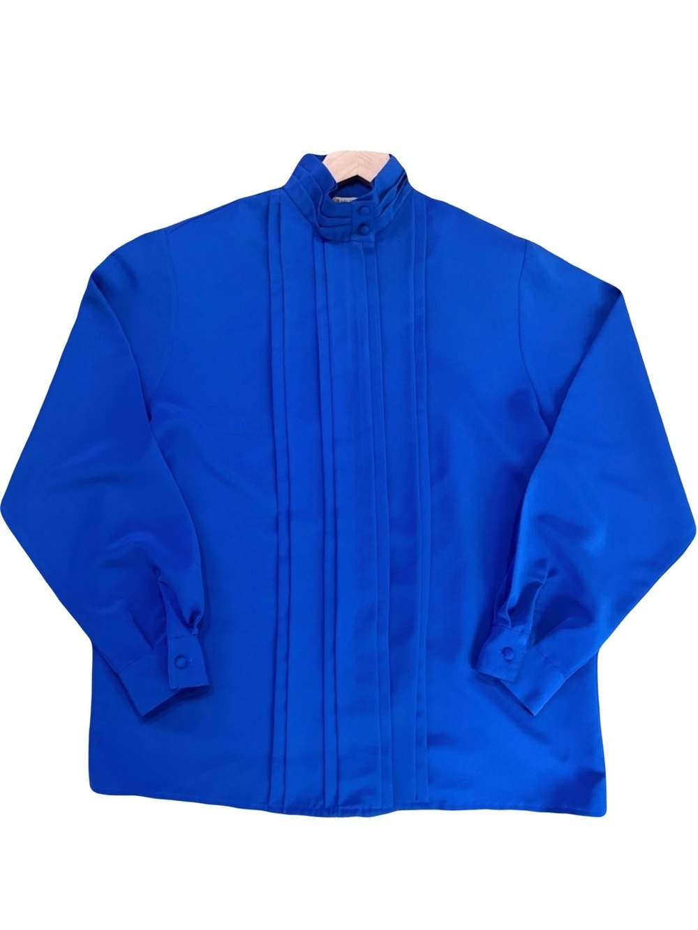 Vintage Hill & Archer Royal Blue High Neck Pintuck Blouse Retro Minimalist